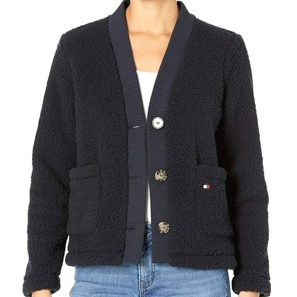 TOMMY HILFIGER Womens Medium Navy Blue Teddy Bear Button Sherpa Cardigan Sweater - Picture 1 of 9